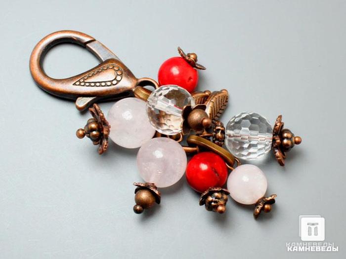 Брелок для ключей с розовым кварцем, горным хрусталём (кварцем) и красным кораллом, 60-10/1, фото 2