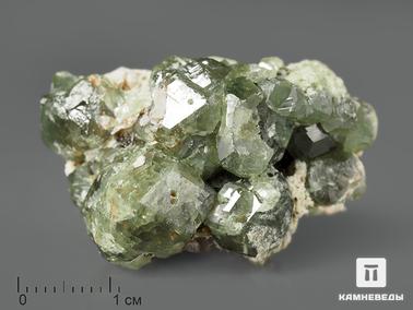 Демантоид (зелёный андрадит), Андрадит, Гранат. Демантоид (кристаллы на породе) в пластиковом боксе, 3,4х2,7х2 см
