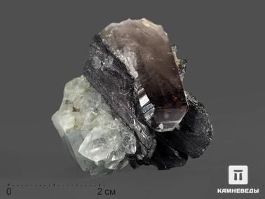 Вольфрамит, Дымчатый кварц, Раухтопаз, Топаз. Вольфрамит с топазом и дымчатым кварцем (раухтопазом), сросток кристаллов 5,2х4,3х3,3 см