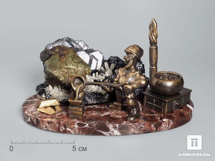 Композиция со сфалеритом, халькопиритом и кварцем на мраморе, 15х8,2 см, 18964, фото 1