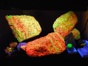 Виллемит, Кальцит. Образцы виллемита с кальцитом под коротковолновым ультрафиолетовым светом. 
Виллемит светится зелёным, кальцит - красным.
Фото сделано на минералогической выставке "Mineralientage München 2012" в Мюнхене.