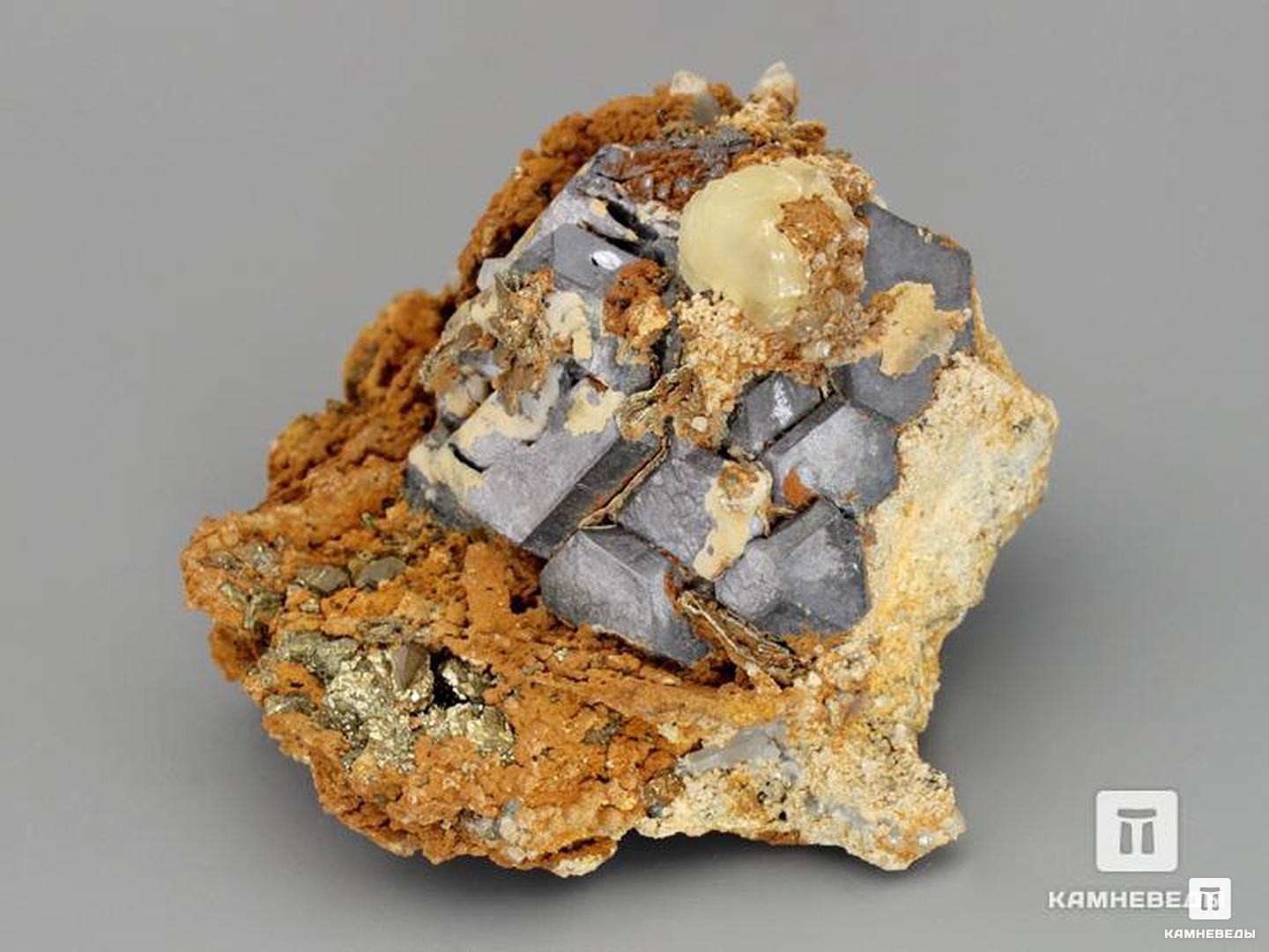 Галенит с пиритом, кальцитом и лимонитом, 9,3х8,2х5,4 см, 10-102/22, фото 2