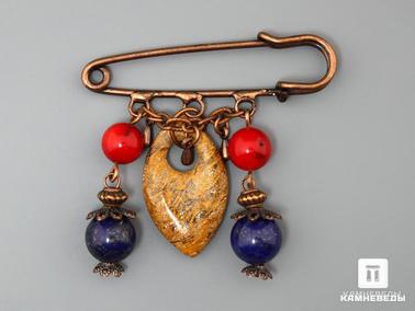 Агат, Кораллы, Лазурит. Брошь-булавка с красным кораллом, лазуритом и агатом