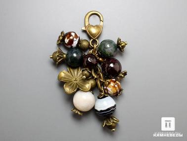 Агат, Яшма, Гранат, Альмандин, Лунный камень, Адуляр, Гелиотроп. Брелок для ключей с яшмой, гранатом, гелиотропом, лунным камнем и агатом