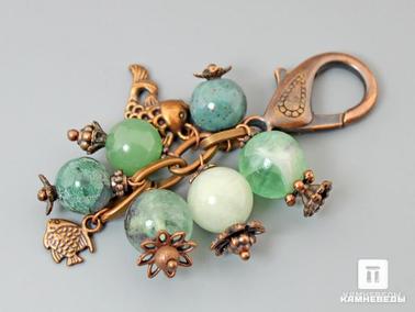 Аквамарин (голубой берилл), Берилл, Кварц, Гелиотроп, Яшма, Флюорит. Брелок для ключей с флюоритом, зеленым кварцем, гелиотропом и аквамарином