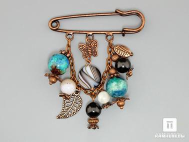 Агат, Гагат, Хризоколла, Лунный камень, Халцедон. Брошь-булавка с хризоколлой, агатом, гагатом, халцедоном и лунным камнем