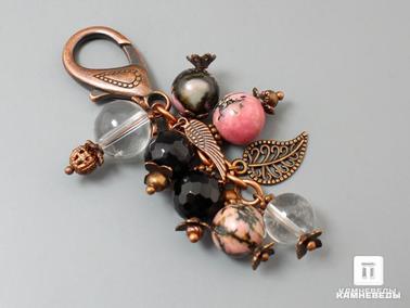 Агат, Горный хрусталь, Родонит, Кварц. Брелок для ключей с родонитом, горным хрусталём (кварцем) и чёрным агатом