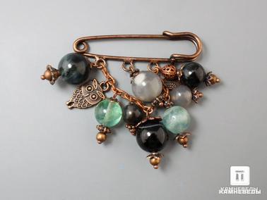 Агат, Соколиный глаз, Флюорит, Халцедон. Брошь-булавка с соколиным глазом, халцедоном, агатом и флюоритом