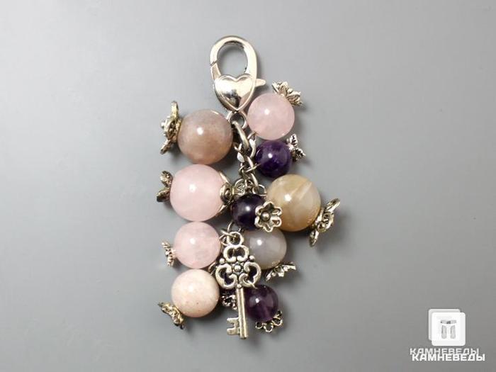 Брелок для ключей с адуляром (лунный камень), розовым кварцем и аметистом, 60-45/29, фото 2