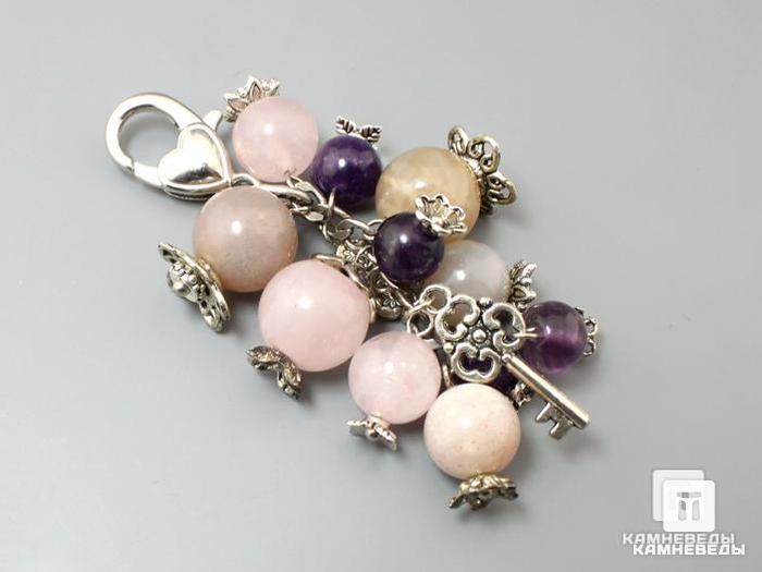 Брелок для ключей с адуляром (лунный камень), розовым кварцем и аметистом, 60-45/29, фото 1