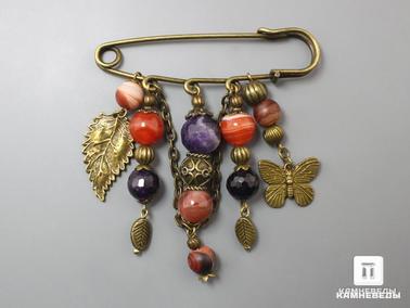 Агат, Аметист, Сердолик. Брошь-булавка с аметистом, сердоликом и агатом