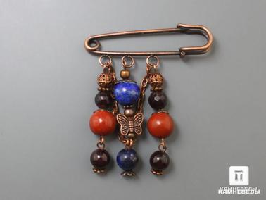 Альмандин, Гранат, Лазурит, Яшма. Брошь-булавка с гранатом, лазуритом и красной яшмой