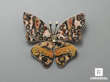 Яшма. Брошь «Бабочка» с яшмой леопардовой, 4х3,4х0,2 см