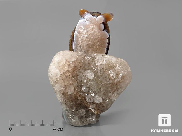 Сова из агата с кристаллами горного хрусталя (кварца), 23-284, фото 1
