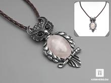 Брошь-кулон «Сова» с розовым кварцем
