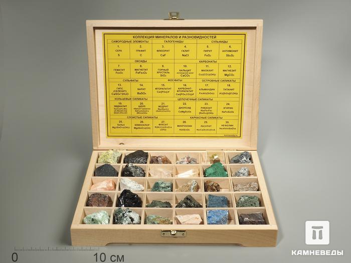 Коллекция минералов и разновидностей (30 образцов, состав №6) в деревянной коробке, 2805, фото 1