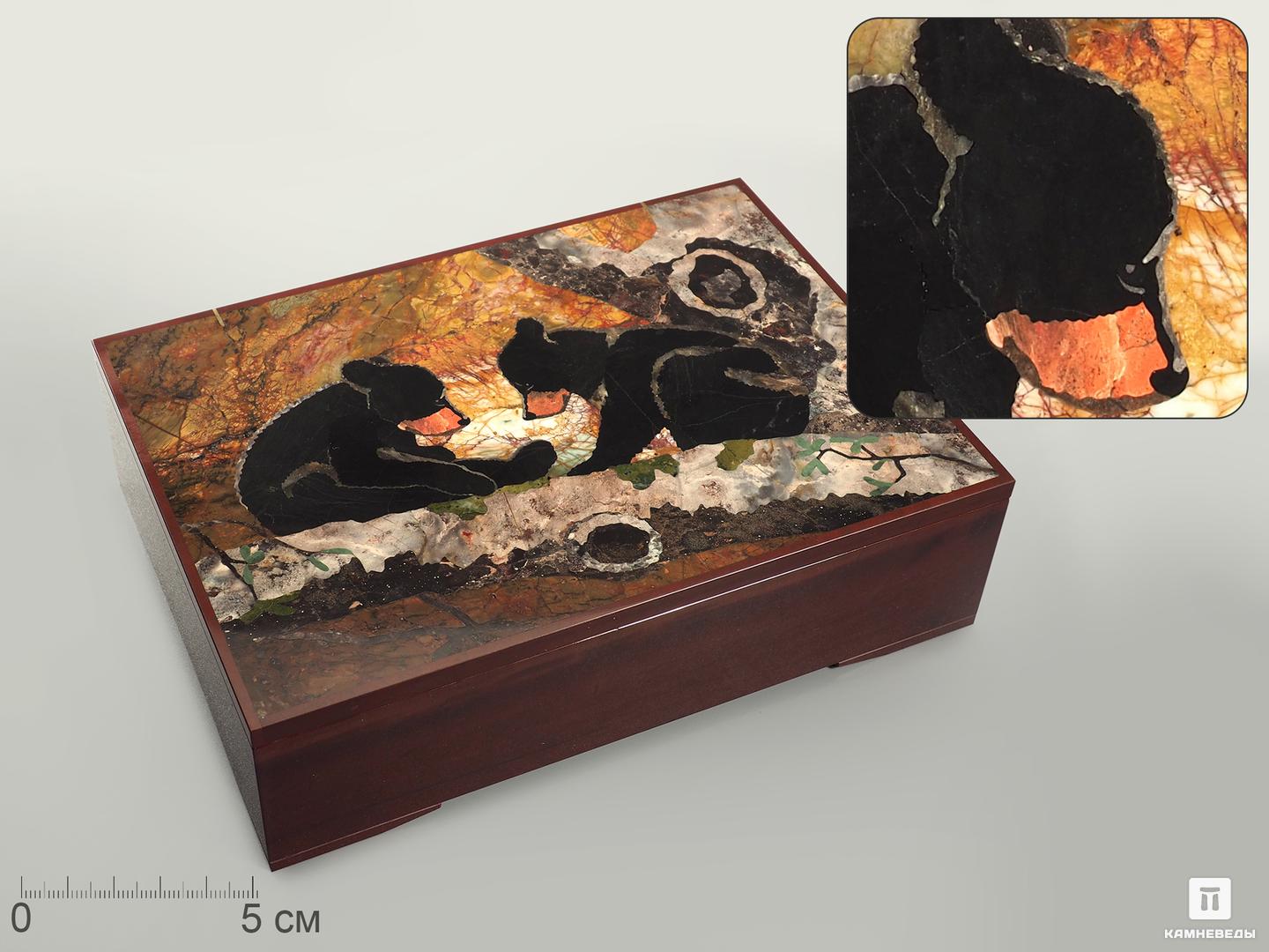 Шкатулка из натуральных камней «Медвежата» в деревянном ларце малахитовая шкатулка сказки