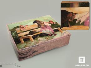 Родонит, Агат, Окаменелое дерево, Яшма. Шкатулка из натуральных камней «Девочка с котёнком» в деревянном ларце