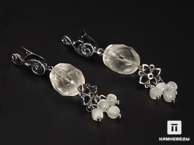 Лунный камень, Горный хрусталь. Серьги с горным хрусталем и лунным камнем, огранка
