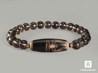 Раухтопаз, Дымчатый кварц, Агат. Браслет из раухтопаза (дымчатого кварца) с бусиной Дзи «Нектарный сосуд» (Денежные потоки)