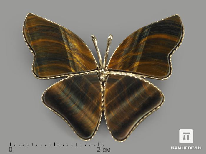 Брошь «Бабочка» с тигрово-соколиным глазом, 3,9х3,1 см, 1211, фото 1