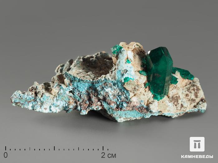 Диоптаз, кристалл на породе в пластиковом боксе, 4,1х2,1х1,7 см, 10589, фото 1