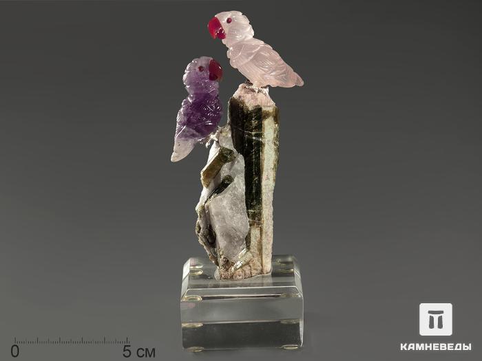Попугаи из аметиста и розового кварца на турмалине (верделите), 13,8х5,4х5,3 см, 12573, фото 1