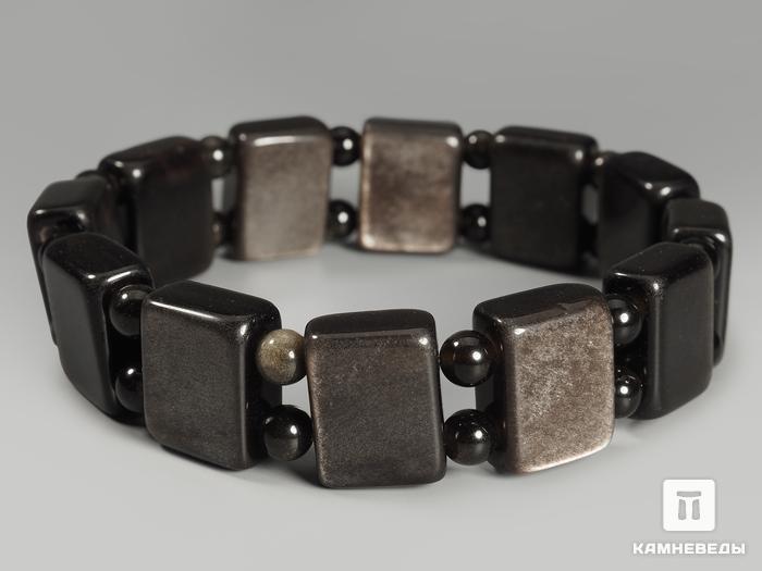 Браслет из серебристого и золотистого обсидиана, 12 бусин, 13163, фото 1
