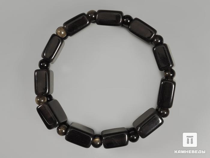 Браслет из серебристого и золотистого обсидиана, 11 бусин, 13162, фото 2