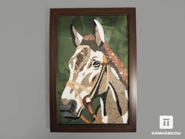 Мрамор, Оникс мраморный, Офиокальцит. Картина из натуральных камней «Конь», 32,5х22,5х2,5 см