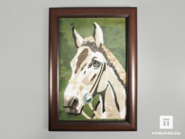 Офиокальцит, Оникс мраморный, Мрамор, Лазурит. Картина из натуральных камней «Конь», 35,5х25х2,5 см