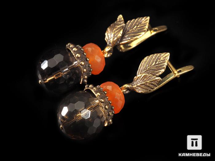 Серьги «Февраль» из дымчатого кварца (раухтопаза) и сердолика, огранка, 13565, фото 1
