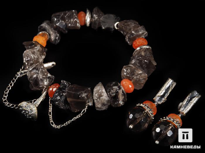 Комплект: серьги и браслет «Сушеные грибочки» из дымчатого кварца (раухтопаза) и сердолика, огранка, 13570, фото 1