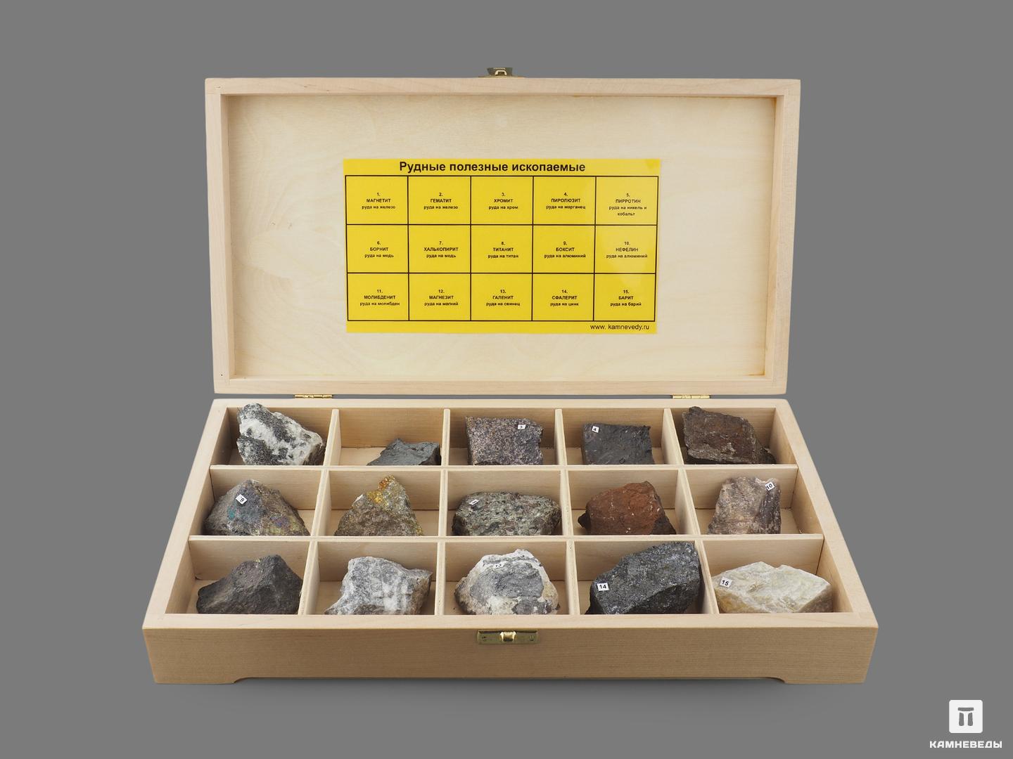 Коллекция рудных полезных ископаемых (15 образцов, состав №1) в деревянной коробке коллекция нерудных полезных ископаемых 15 образцов состав 1 в деревянной коробке