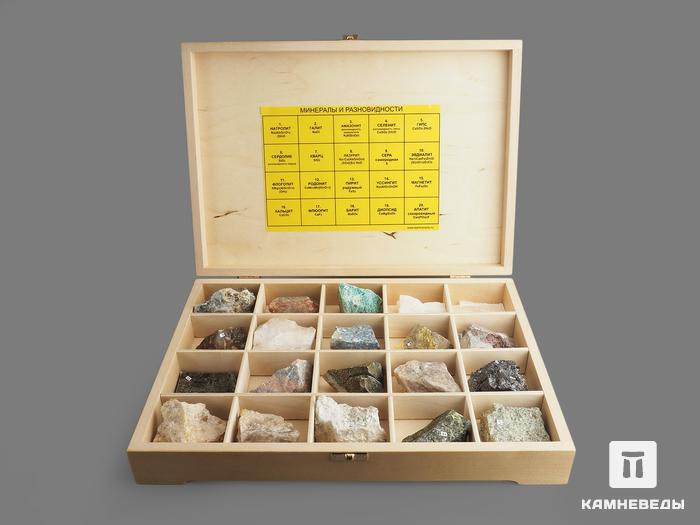 Коллекция минералов и разновидностей (20 образцов, состав №6) в деревянной коробке, 15198, фото 1