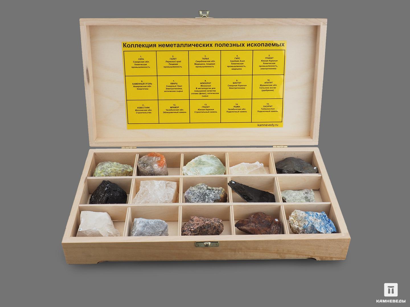 Коллекция неметаллических полезных ископаемых (15 образцов, состав №1) в деревянной коробке