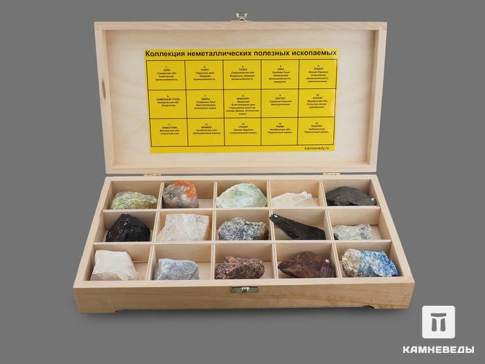 Коллекция неметаллических полезных ископаемых (15 образцов, состав №1) в деревянной коробке, 8396, фото 1
