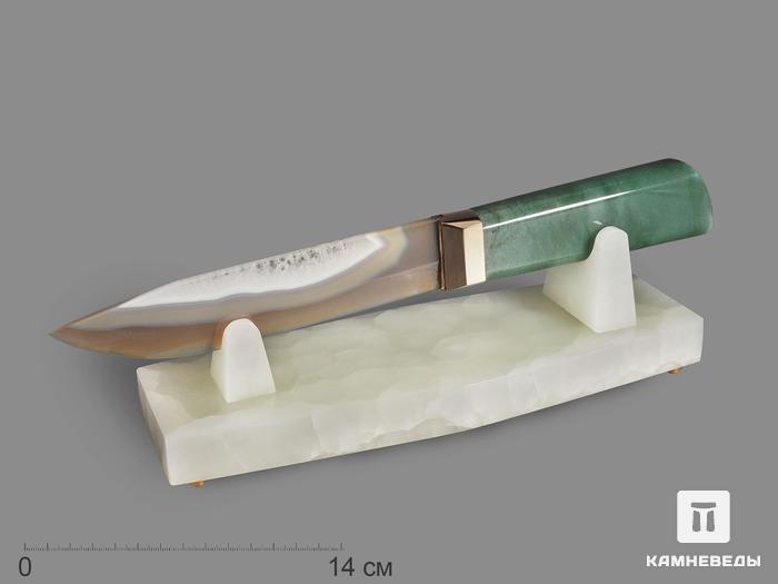 Сувенирный нож из серого агата и зелёного авантюрина на подставке из оникса, 26,5х8х7,3 см, 18930, фото 1