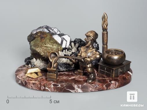 Композиция со сфалеритом, халькопиритом и кварцем на мраморе, 15х8,2 см, 18964, фото 1