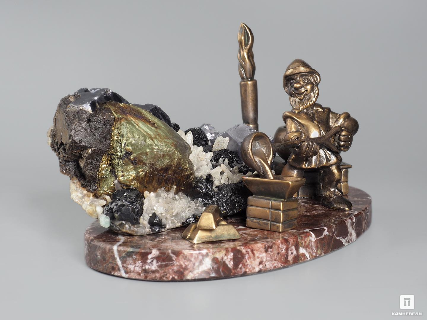 Композиция со сфалеритом, халькопиритом и кварцем на мраморе, 15х8,2 см, 18964, фото 2