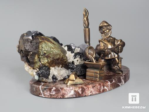 Композиция со сфалеритом, халькопиритом и кварцем на мраморе, 15х8,2 см, 18964, фото 2