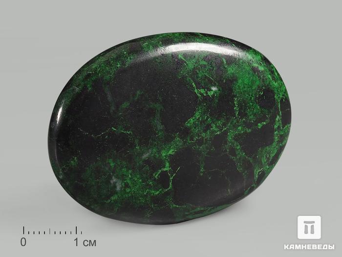 Уваровит (зелёный гранат) в хромите, полированная галька 5,2х3,8х1,3 см, 19002, фото 1