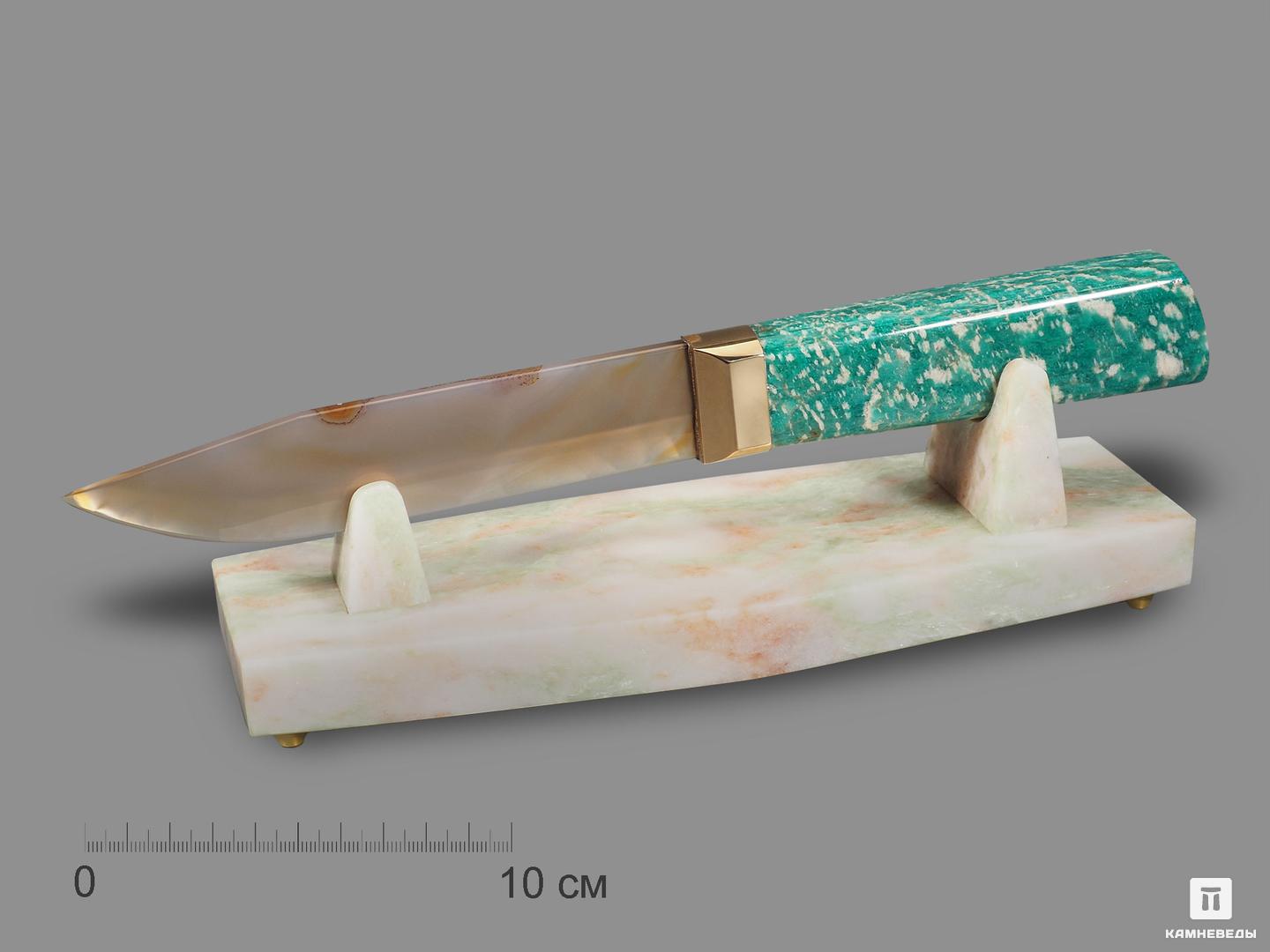 Сувенирный нож из серого агата и амазонита, 25,8х7,1х7,6 см пирамида из серого агата 4х4 см