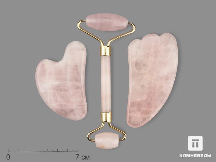 Набор массажный из розового кварца: гуаша + роллер, 3 предмета, 19768, фото 1