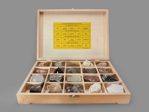 Коллекция минералов и горных пород (20 образцов) в деревянной коробке