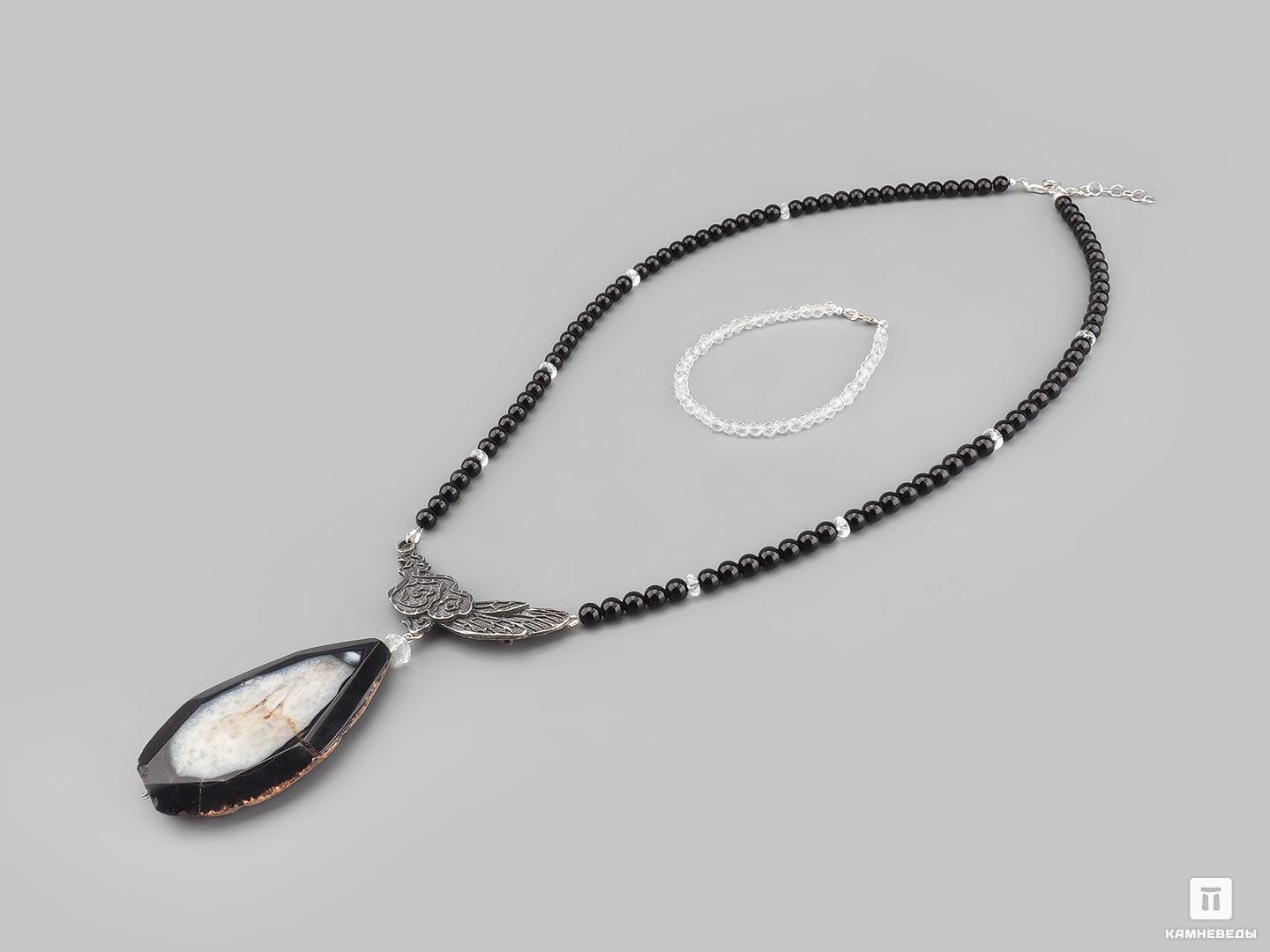 Комплект: бусы и браслет «Капля» из агата чёрного и огранённого горного хрусталя (кварца)