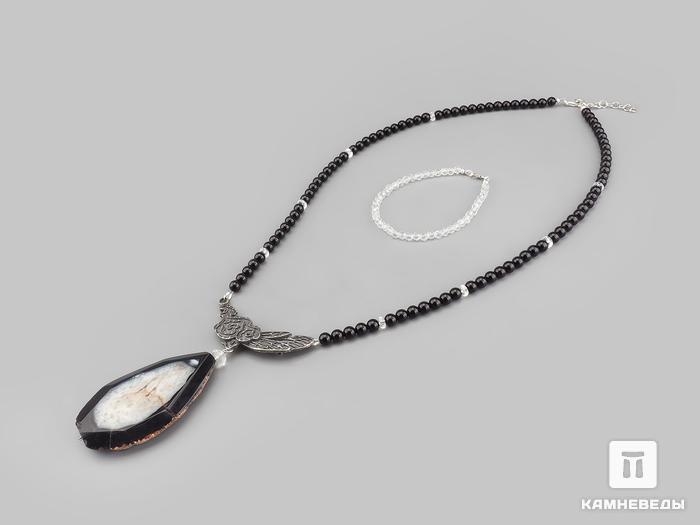Комплект: бусы и браслет «Капля» из агата чёрного и огранённого горного хрусталя (кварца), 21088, фото 1