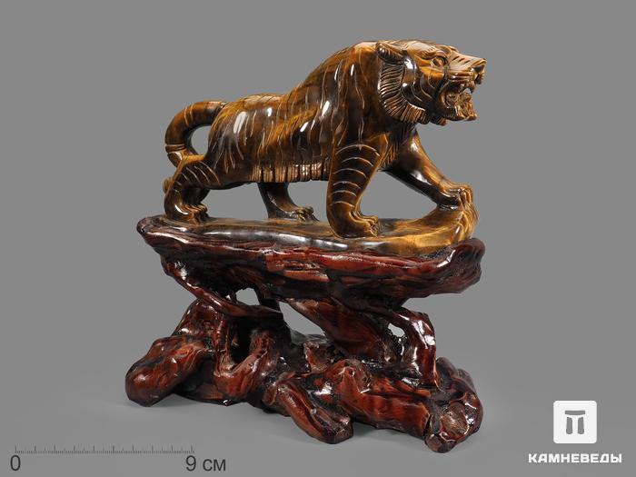 Тигр из тигрового глаза на деревянной подставке 21х20х9 см, 6072, фото 1