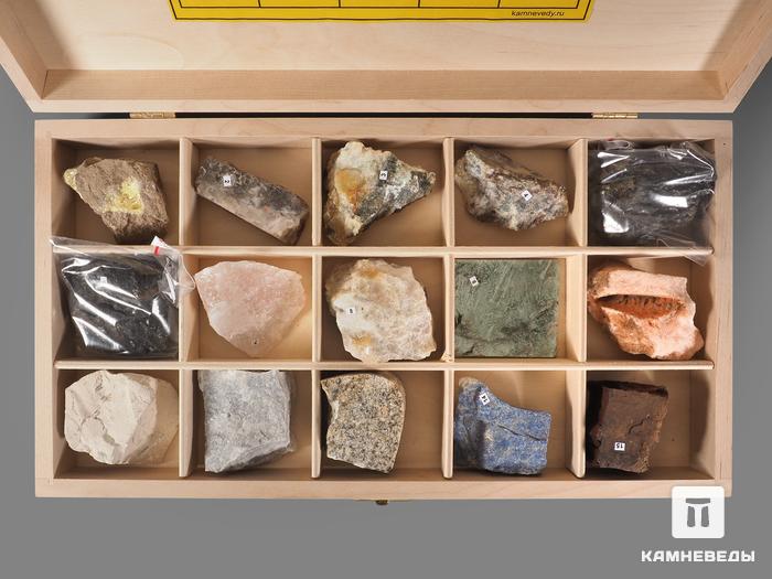 Коллекция нерудных полезных ископаемых (15 образцов, состав №1) в деревянной коробке, 21848, фото 2