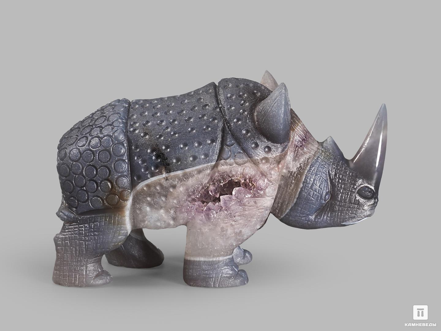 Носорог из агата с жеодой аметиста, 10х6,2х3,5 см, 22372, фото 2